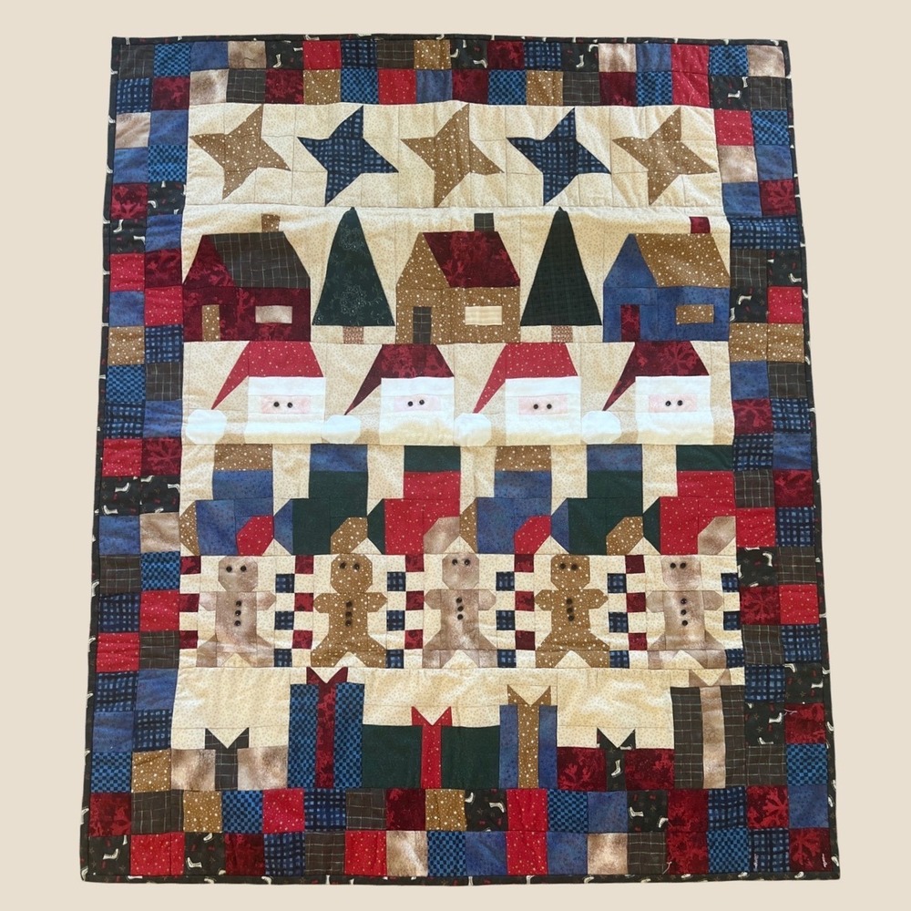 Handmade Christmas Patchwork Quilt Santa Gingerbread Wall Hanging Primitive